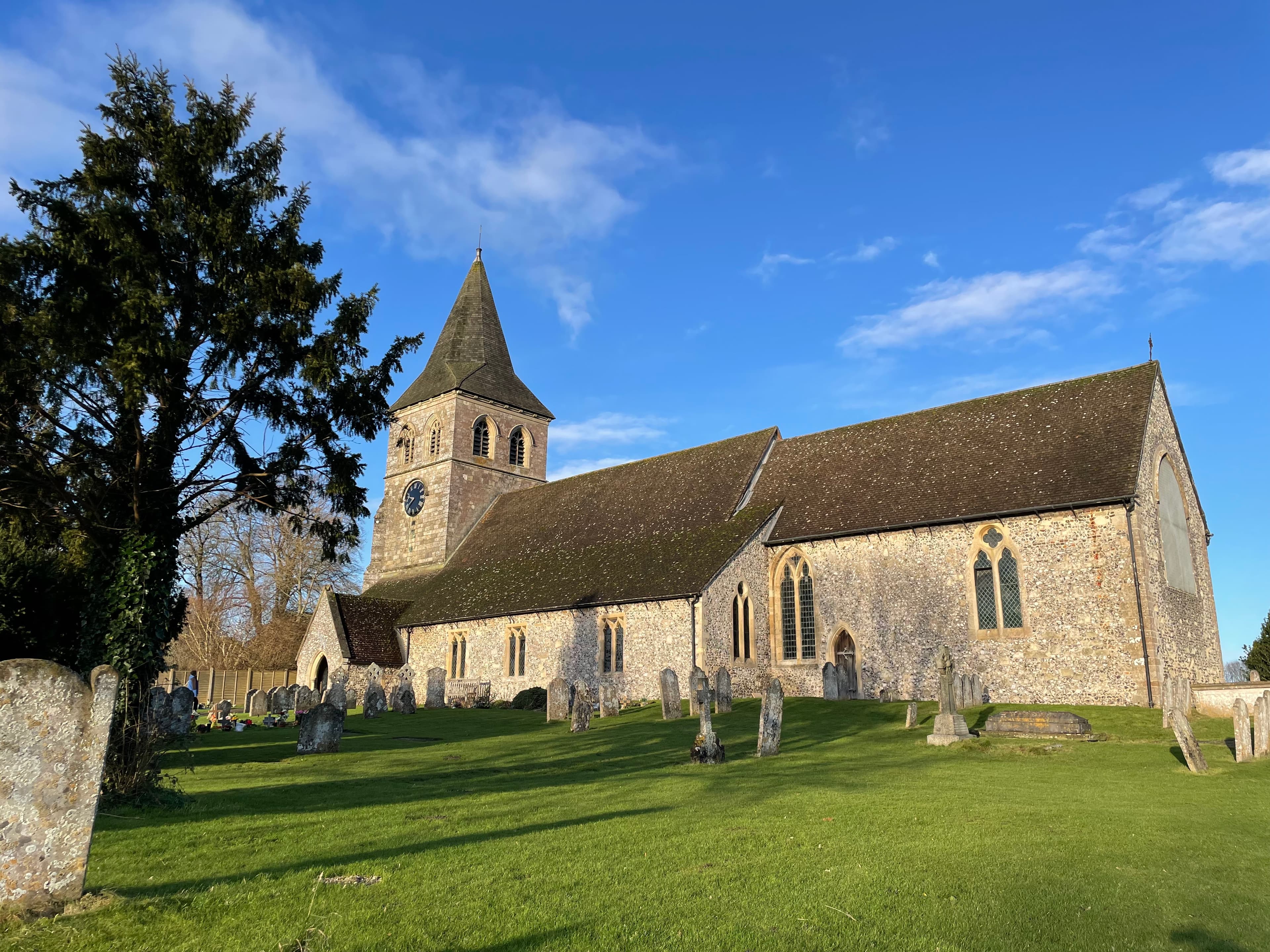 St Marys Church photographed on a sunny day. Bright blue sky.