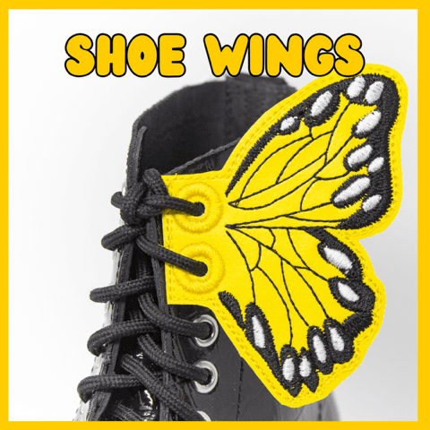 The word Shoe Wings. A butterfly wing that is attached to a boot via the laces.